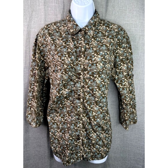 The North Face Women's 3/4 Sleeve Button Down Blouse Size XL Brown Floral - Picture 1 of 10